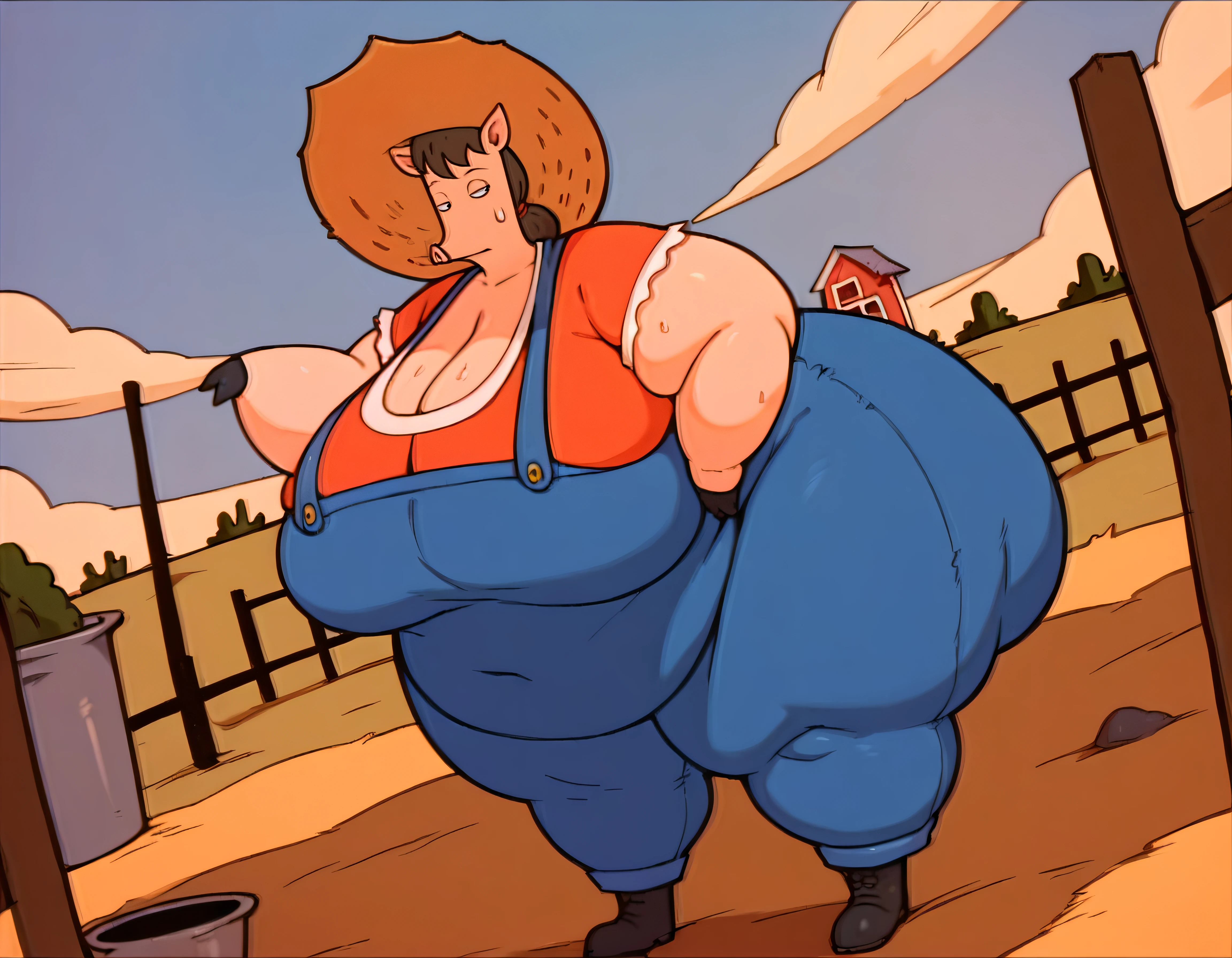 score_9,score_8_up,score_7_up,score_6_up,score_5_up,score_4_up,obese,female,pig,red shirt,blue overalls,black boots,straw hat,brown hair in a bun,<lora:Aunt Jane CornfedXL:0.75>,<lora:StS_detail_slider_v1:1>,<lora:SyMix_PonyStyleLyco_v1a01_from16:1>,hyper ass,prominent tummy,sagging breasts,pose,cleavage,dutch angle,hyper breasts,sweat,farm,solo,anthro,