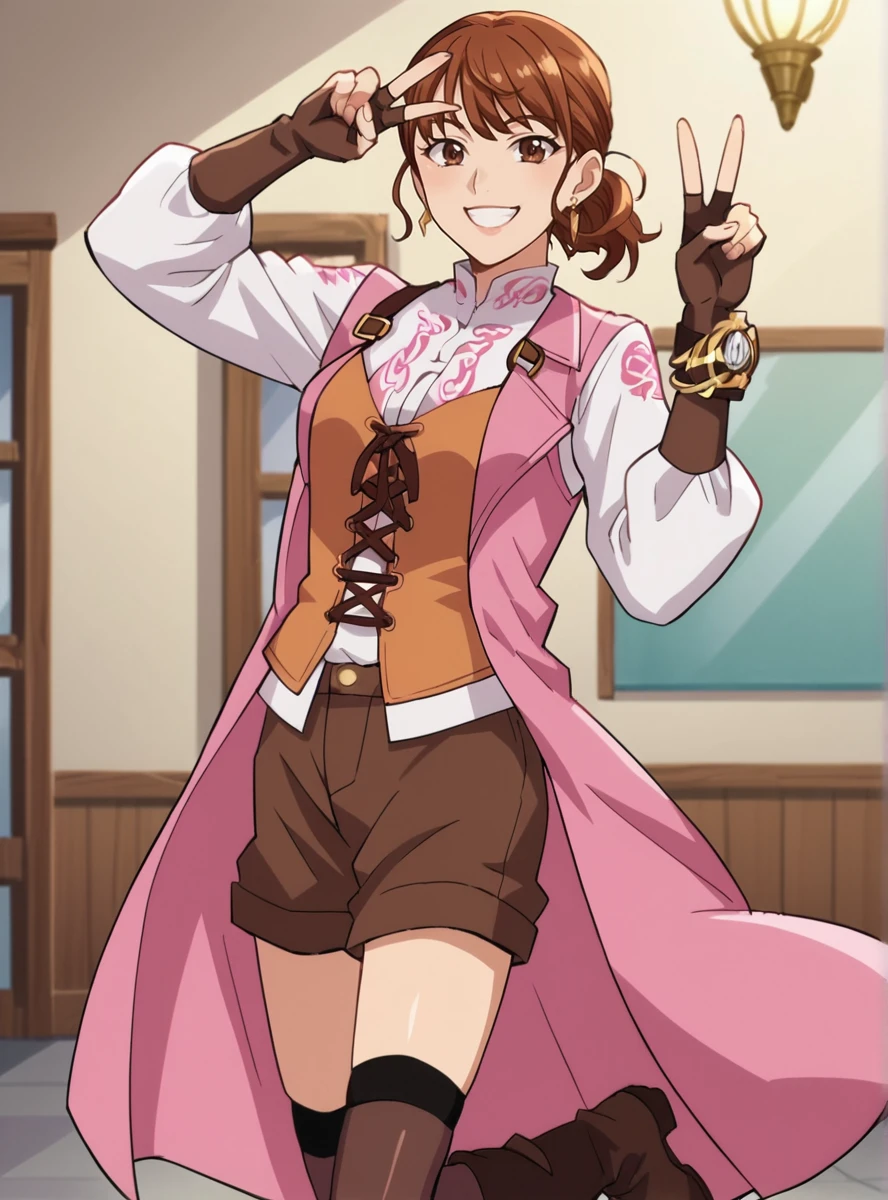 score_9, score_8_up, score_7_up, score_6_up, score_5_up, score_4_up , BREAK source_anime, ,anime screencap,anime_coloring,anime_lineart, <lora:AsunaPink:0.8>asunapink, smile, gloves, brown eyes, jewelry, earrings, shorts, thighhighs, boots, fingerless gloves, white shirt,smile, v_sign ,indoors,coat,