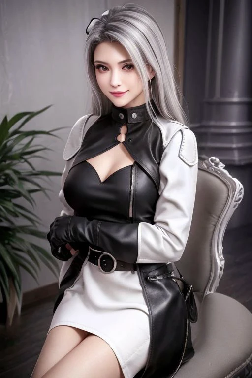 Expressiveh, (Masterpiece, best quality:1.2), score_9, score_9_up, solo, , soft shading, strong lighting, (anatomically correct), cute, best high quality, high res, reflection, 1girl, 28 years old, small breasts,  photo realistic, smiling, lipstick, long hair, grey hair with white highlights, messy hair, two long white tufts, black leather jacket, zipper, long sleeves, white top,  belt,  jewelry,  black skirt, face focus, seductive pose, seductive look, arms behind head, lighting, sitting on a chair, side view, k1tt3nh33ls, bow, shoes, high heels,