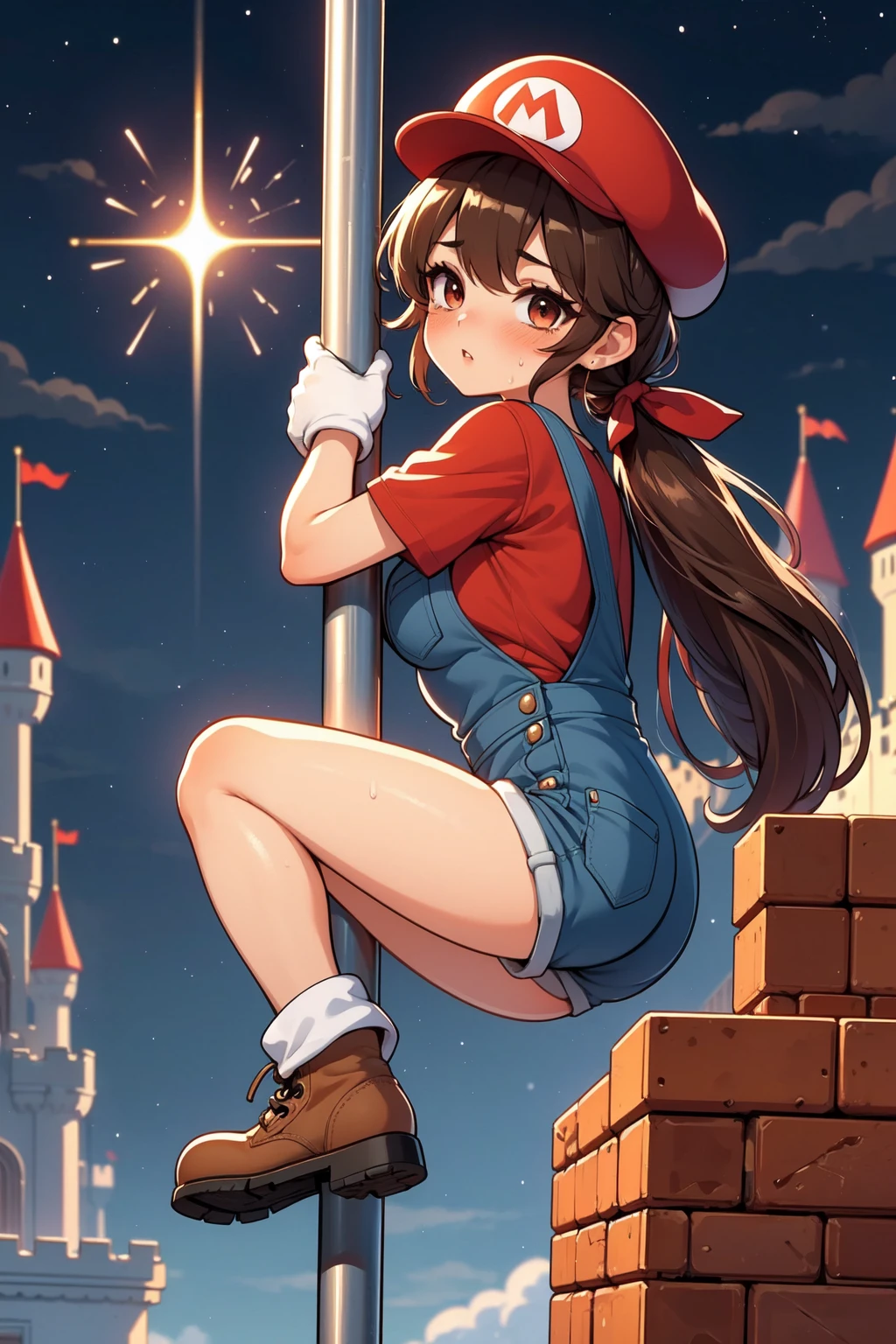 (((masterpiece))), (((best quality))), ((flagpole climbing)), ((leaning forward)), ((castle)), (mushroom logo flag), at height, mario costume, brown hair, red cap, red shirt worn under denim overalls, white gloves, brown shoes, greenery, fireworks, cloudy sky, green pipes, brown stairs blocks, yellow star \(symbol\), (((night))), solo, 1girl, ponytail, absurdly long hair, ribbon, big tits, parted lips, sweat, shy, blush, slim figure, <lora:girllikeflagpoleclimbingmario:0.8>