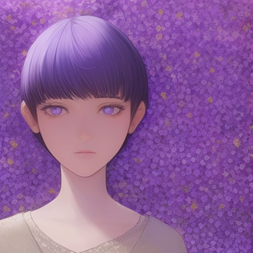 masterpiece, 1girl, detailed face + amethyst :1.5, nose, yellow, ( duster :1.2), closed mouth, looking at viewer, very short hair , background: flower field , solo, upper body