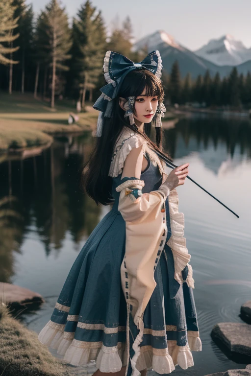 ltra-detailed,highly detailed,best quality,masterpiece,illustration,realistic,photorealistic,
reimu, hakurei reimu \(cosplay\), hakurei reimu,
1girl, solo, cosplay,
kimono, detached sleeves, wide sleeves, long sleeves, frilled sleeves, ribbon-trimmed sleeves, dress, skirt set,
bow, frills, ribbon trim, frilled bow,
long hair, bangs, hair bow, hair tubes,
looking at viewer,standing,
outdoors, photo background, day, tree, sky, water, lake, mountain, scenery, blue sky, nature,
<lora:reimu_v2_05:1.0>
