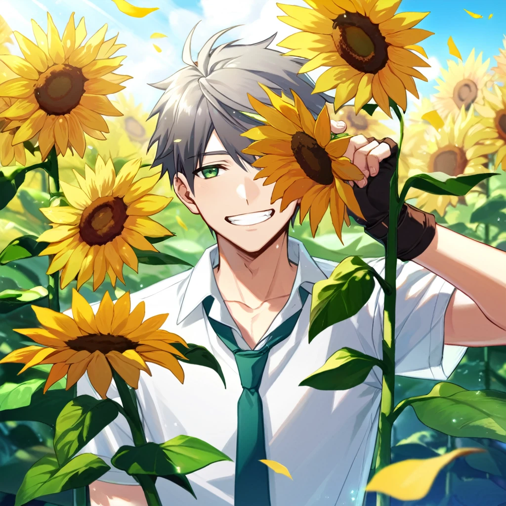 score_9,score_8_up,score_7_up,score_6_up,rating explicit,focus male,source anime,zPDXL,1boy,patrick,grey hair,green eyes,flower, male focus, sunflower, solo, necktie, shirt, smile, white shirt, holding, holding flower, gloves,upper body, looking at viewer, fingerless gloves,necktie, sunlight, collared shirt, short sleeves, day, yellow flower, petals, outdoors, one eye covered, leaf, depth of field, light particles, teeth, grin<lora:patrick_ashbaton_ponyXLV2:0.5>,