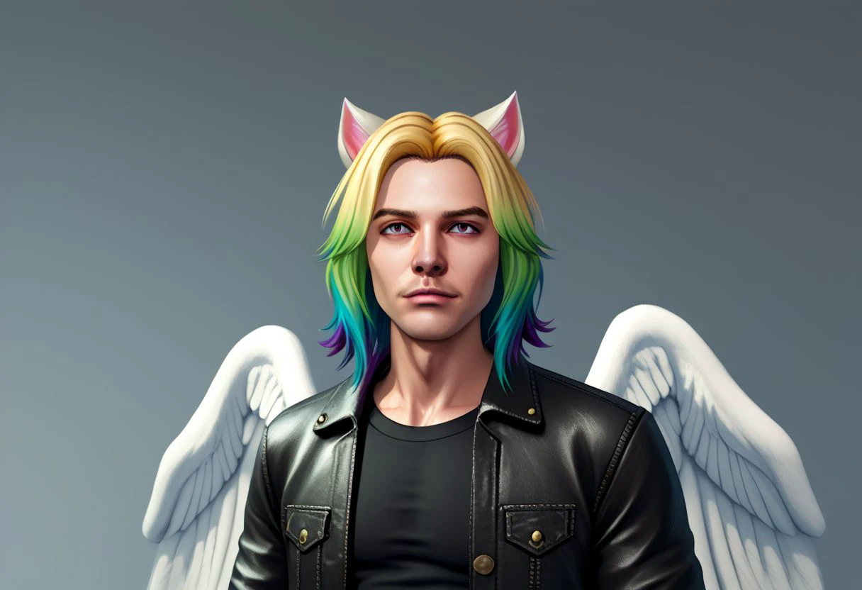 vpzdxizz, solo, wings, animal ears, jacket, multicolored hair, denim, pants, blonde hair, 1boy, male focus, from the side, angel wings, denim jacket, cat ears, leather, jeans, green hair, gradient hair, leather jacket, rainbow hair, shirt, white wings, black shirt, open jacket, realistic, open clothes, feathered wings, upper body, portrait, PonyXLV6_Scores zPDXL