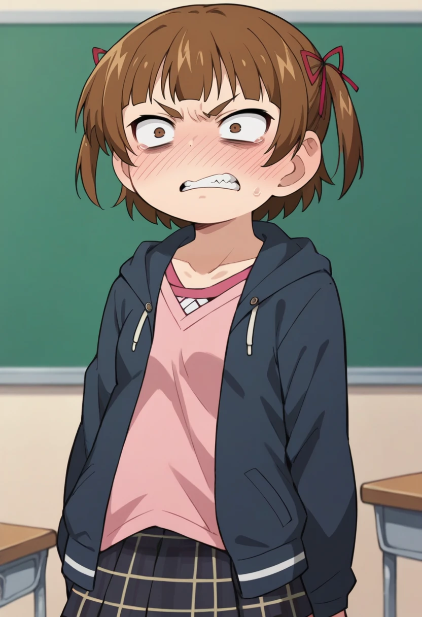 score_9, score_8_up, score_8, source_anime, <lora:MitsubaMarui:0.85> 1girl, brown hair, brown eyes, solo, twintails, short twintails, short hair, hair ribbon, dark blue hoodie, pink shirt, plaid skirt, blush, embarrassed, angry, teeth, constricted pupils,
classroom background, blurry background,