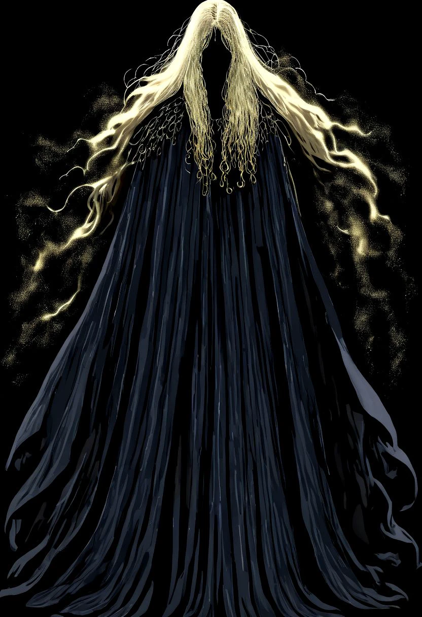 wizardry, illustration, beautiful Female Dryard, long golden hair,  silver kneeguards, magic boots, long ears, slender long legs, black background, mysterious, mythical, robe cloth, cape