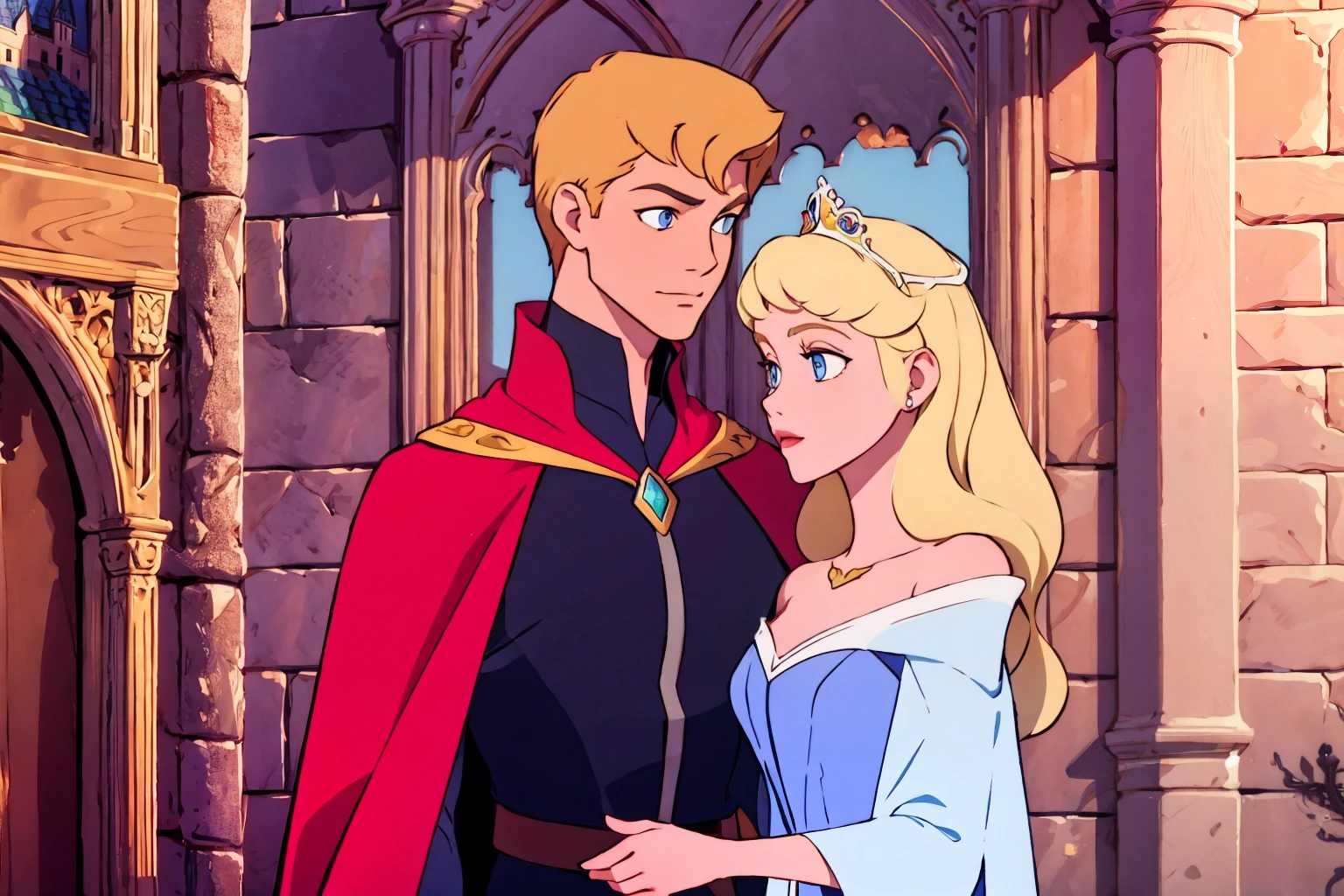 <ti:prettyeyes> pretty eyes <lora:18CDF0F04D:0.6> aurora, having blond hair, and  the prince, ((1boy), ((1girl)), a man, Perfect eyes. Perfect detail. Illustration. In the castle. Castle setting. Wearing a red cape.