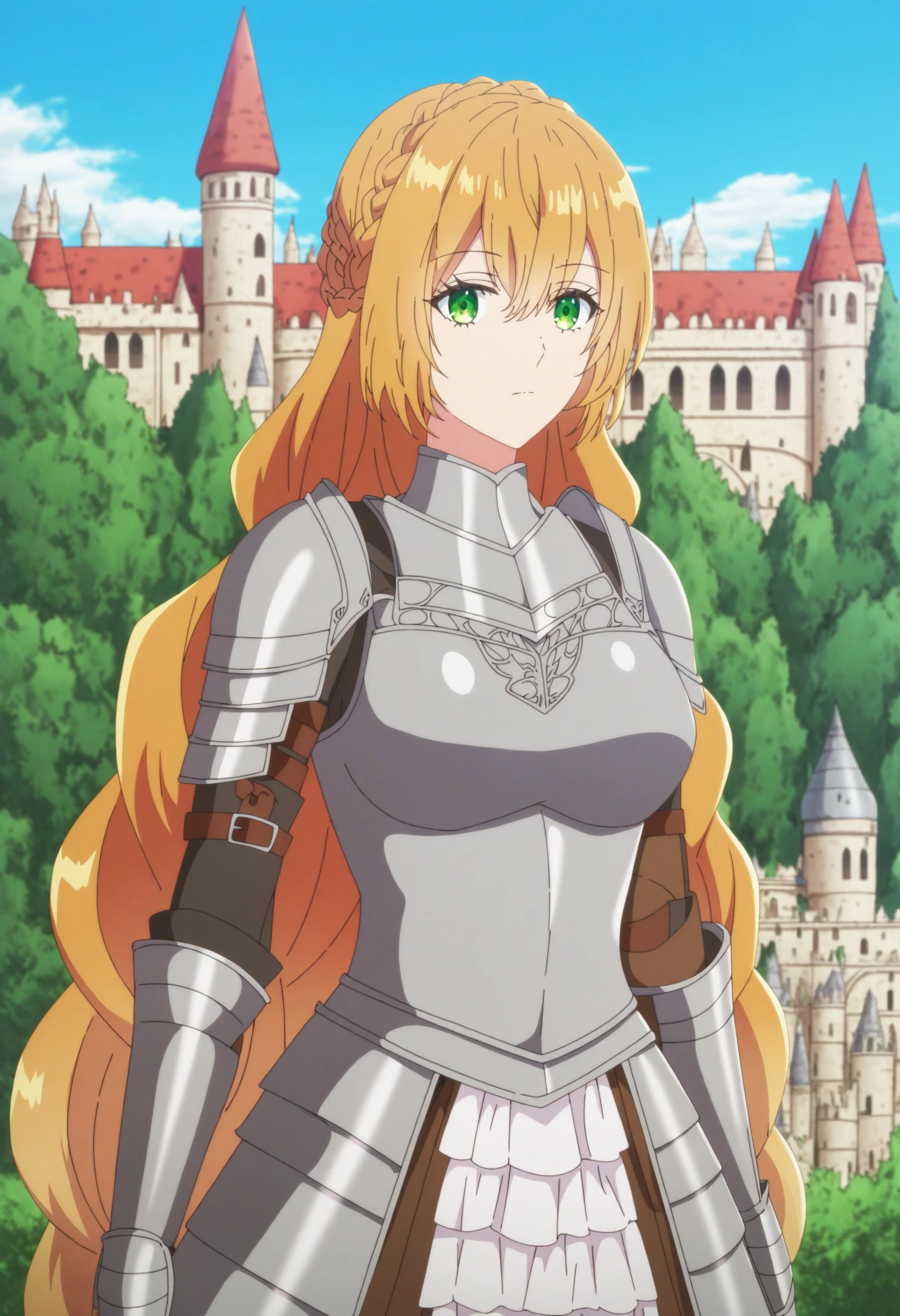 sysdeep_raeliana, 1girl, solo, long_hair, breasts, looking_at_viewer, blonde_hair, hair_between_eyes, closed_mouth, very_long_hair, medium_breasts, green_eyes, braid, frills, iron_armor, knight, castle, breastplate, outdoors, day,  <lora:Raeliana Mcmillan - [Why Raeliana Ended Up at the Dukes Mansion] - Pony Version 1:1>