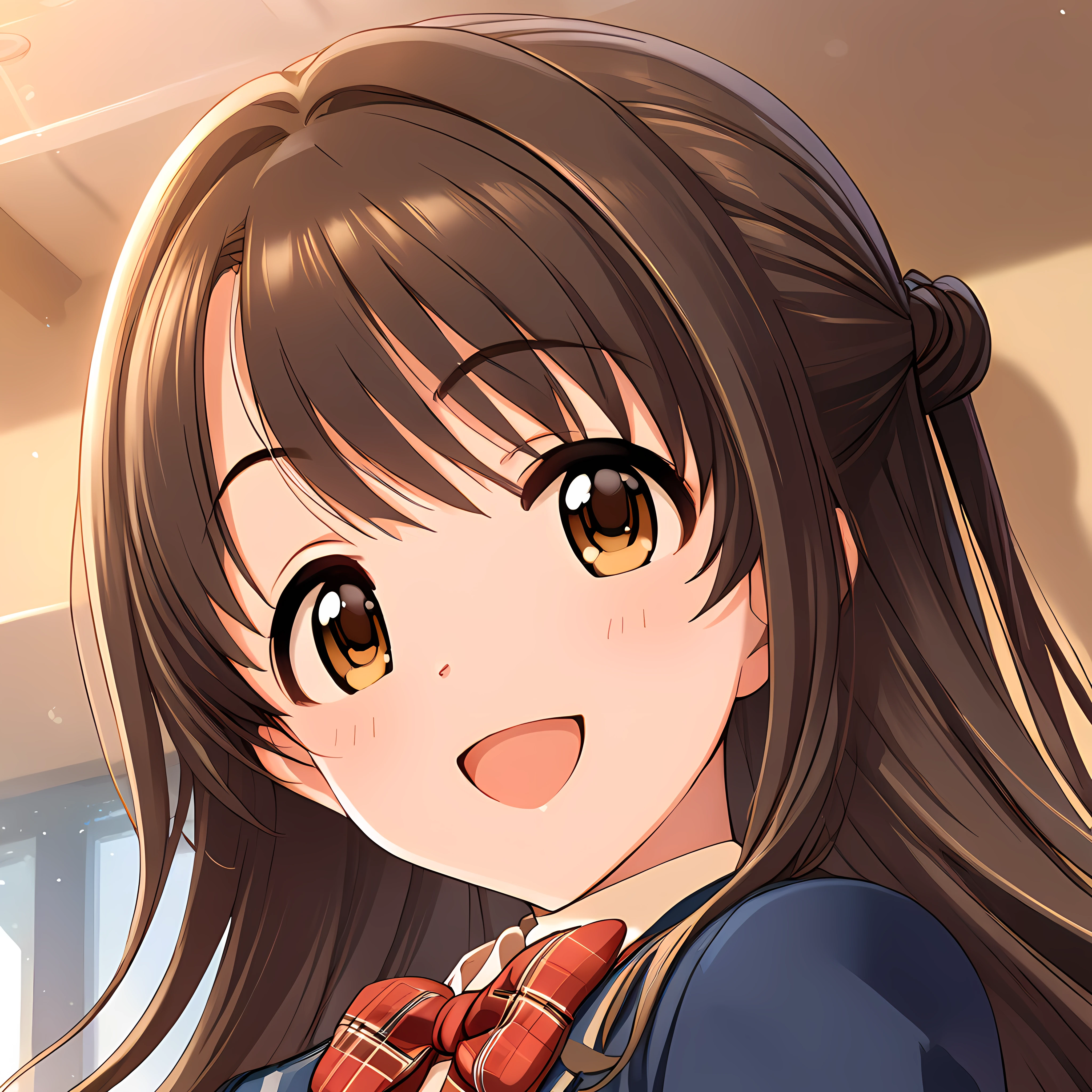 (masterpiece),(best quality),(ultra-detailed),(best illustration),(best shadow),(absurdres),(detailed background),(very aesthetic),uzuki shimamura, defaultoutfit, 1girl, solo, long hair, brown hair, brown eyes, school uniform, open mouth, smile, jacket, blazer<lora:uzukishimamurav1:1>