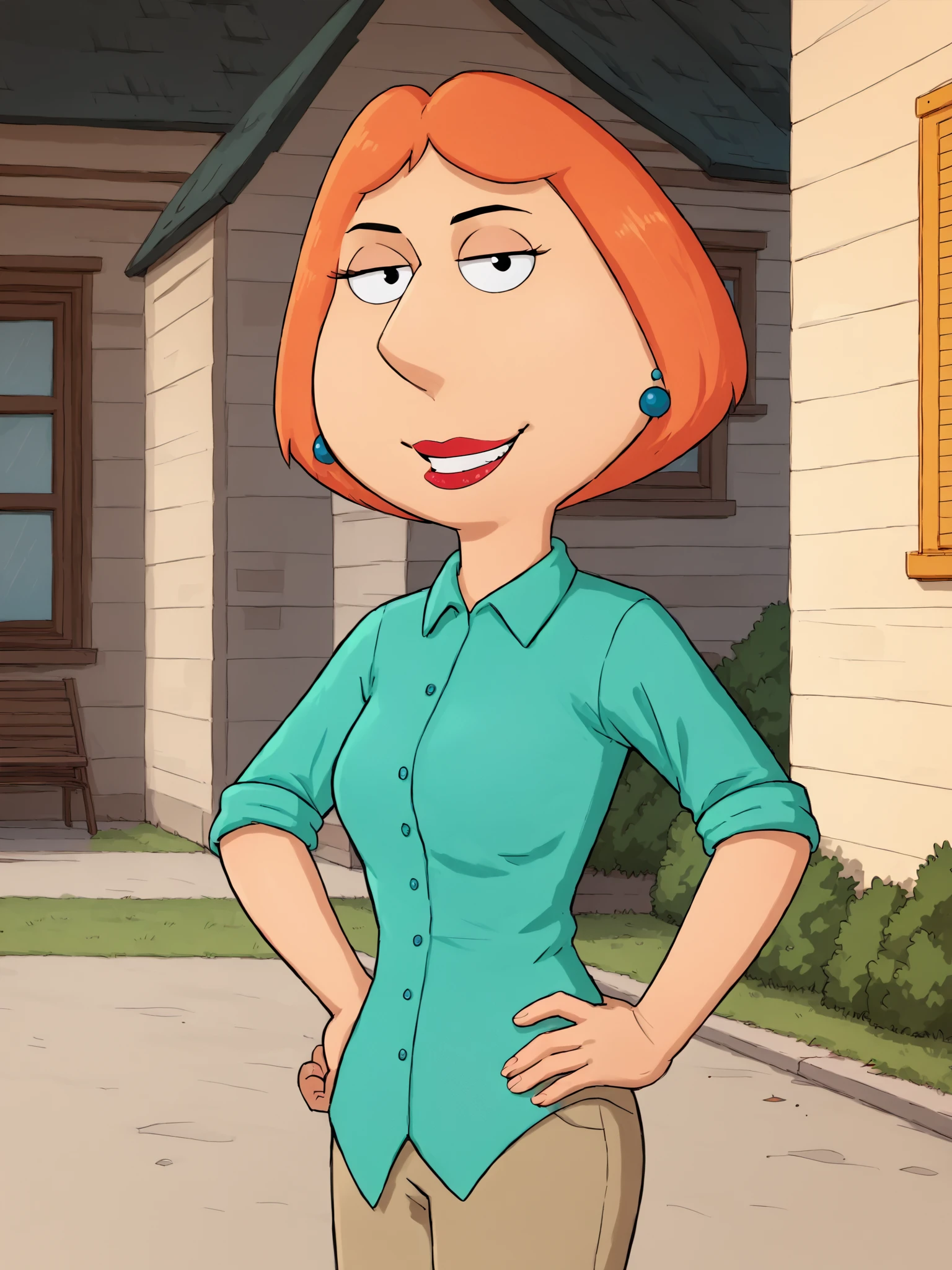 <lora:Loispony1.2:1> lois,1girl, blue earrings, jewelry, short hair, solo, lipstick, makeup, orange hair, aqua shirt, beige pants,looking at viewer, smile, outdoors,hand on own hip,  score_9, score_8_up, score_7_up, score_6_up, score_5_up, score_4_up