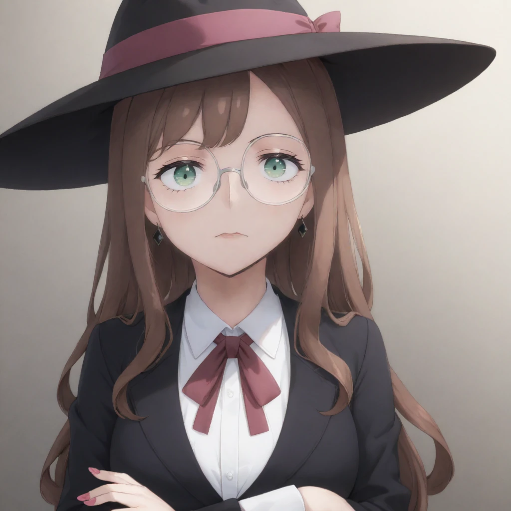 1girl, solo, long hair, looking at viewer, open mouth, brown hair, long sleeves, large black hat, jewelry, jacket, upper body, earrings, glasses, surprised expression, collared shirt, nail polish, black jacket, green eyes, black ribbon, neck ribbon, crossed arms, hat ribbon, pink nails, pink ribbon, Sylvia Sherwood <lora:Double_double_Sylvia_Sorc:1>
