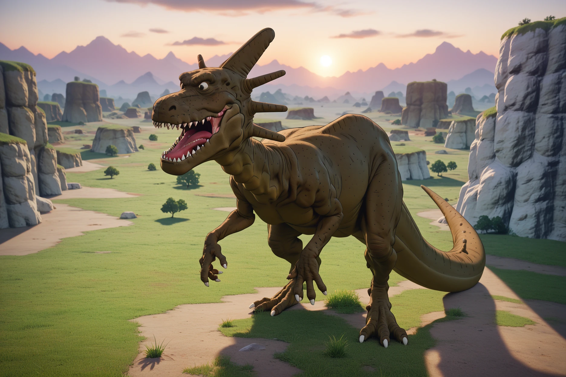 score_9, score_8_up, score_7_up, score_6_up,realistic,break wasteland,(white ground),tyrannosaurus rex,open mouth,full body,sharp teeth, tree, sky,sunset,plateau,hill,from above,grass,claws,hand up,tail <lora:BreakWastelandPony:1>