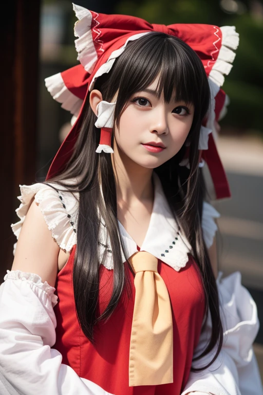 ltra-detailed,highly detailed,best quality,masterpiece,illustration,realistic,photorealistic,
reimu, hakurei reimu \(cosplay\), hakurei reimu,
1girl, solo, cosplay,
looking at viewer, upper body,
<lora:reimu_v2_05:0.6>