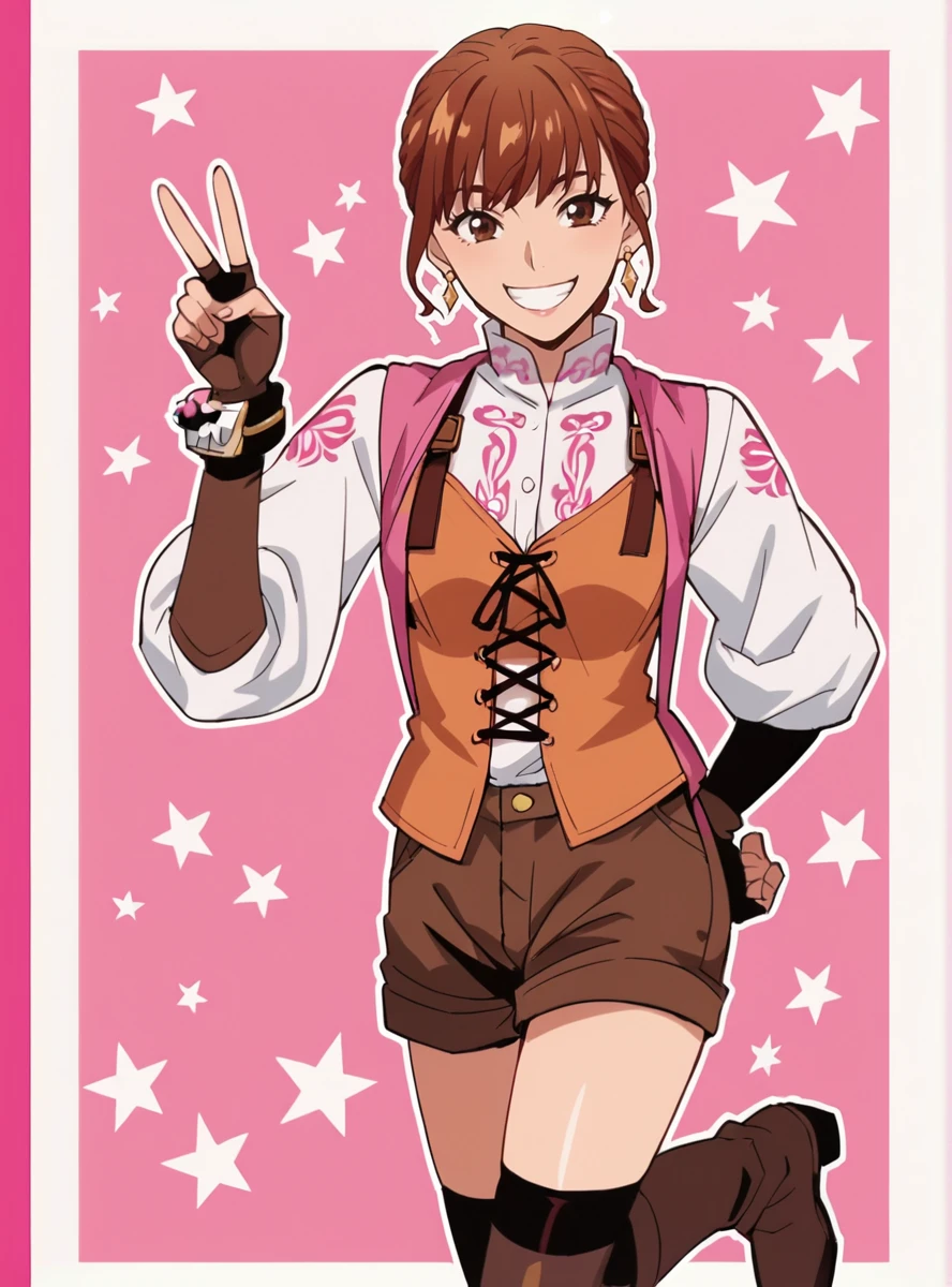 score_9, score_8_up, score_7_up, score_6_up, score_5_up, score_4_up , BREAK source_anime, ,anime screencap,anime_coloring,anime_lineart, <lora:AsunaPink:0.8>asunapink, 1girl, smile, gloves, brown eyes, jewelry, earrings, shorts, thighhighs, boots, fingerless gloves, white shirt,smile, v_sign