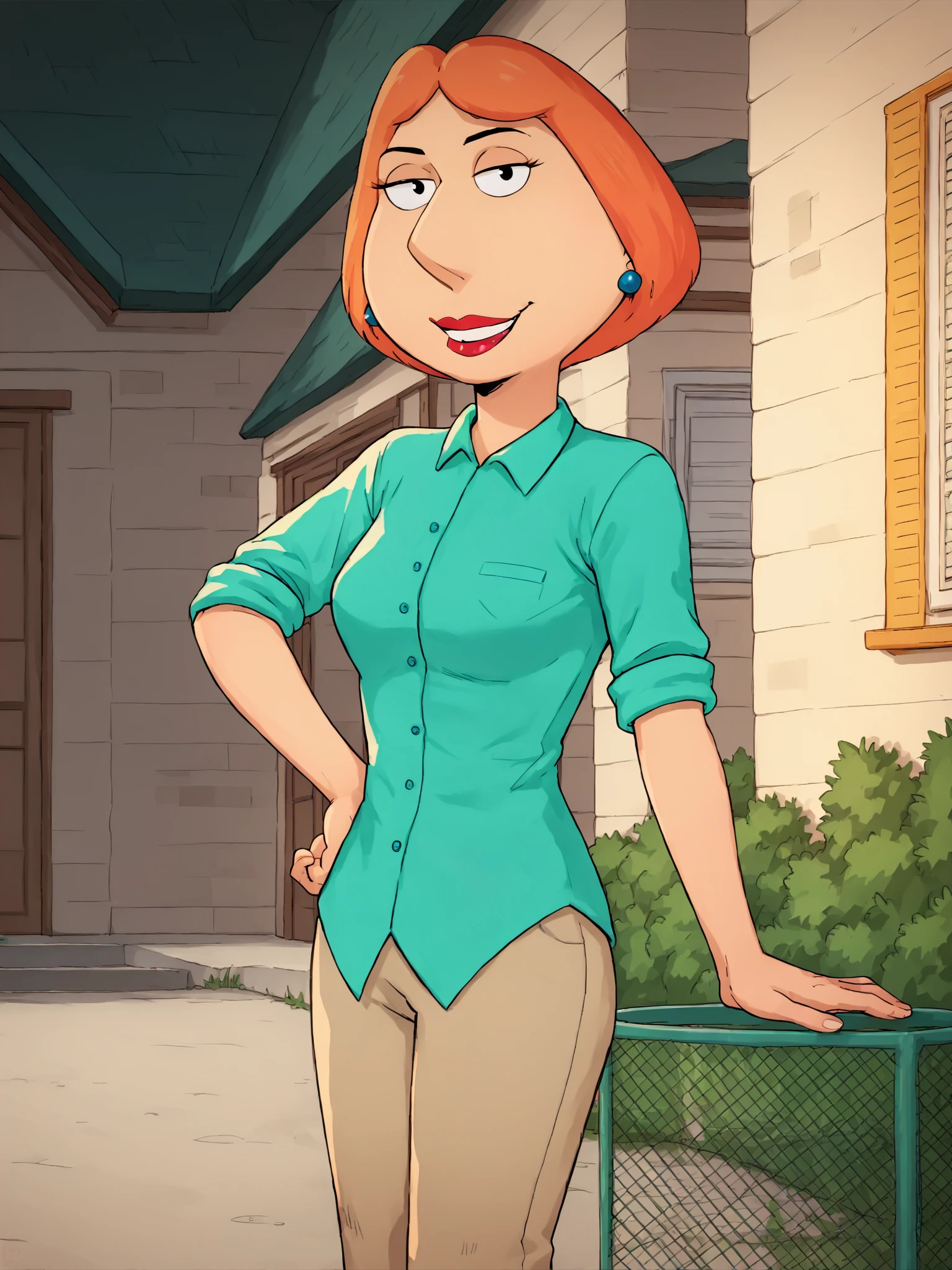 <lora:Loispony1.2:1> lois,1girl, blue earrings, jewelry, short hair, solo, lipstick, makeup, orange hair, aqua shirt, beige pants,looking at viewer, smile, outdoors,hand on own hip, score_9, score_8_up, score_7_up, score_6_up, score_5_up, score_4_up