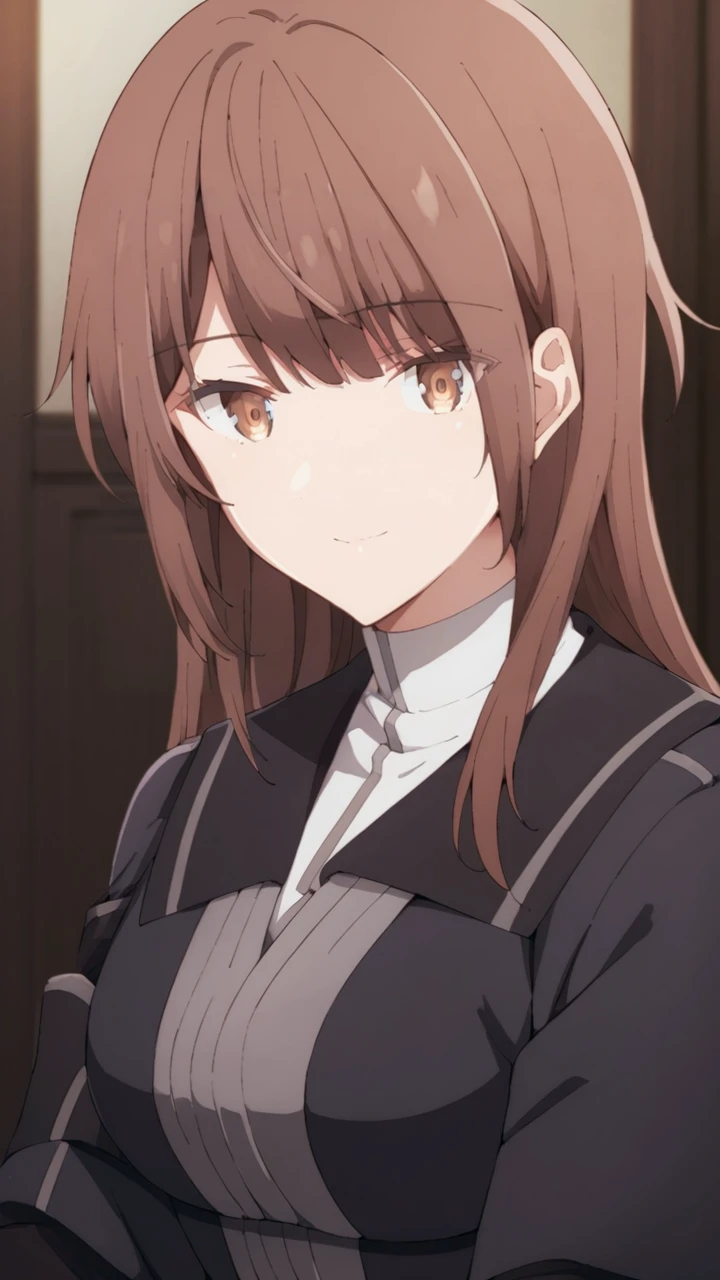 score_9, score_8_up, score_7_up, source_anime,
1girl, solo, portrait, (smile:0.7), indoors, looking at viewer,
<lora:emilia_ludwell_v2-soralz:0.9>, emilia_ludwell, brown hair, long hair, straight hair, (brown eyes:1.4) bangs,
black jacket, grey trim, long sleeves, wide sleeves, black dress