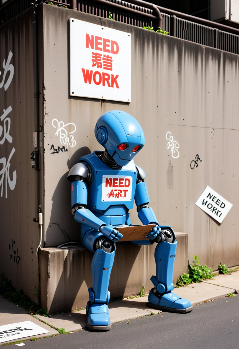 1 lonely sad robot detailed rusty, dusty sitting on the side of an alley wall, holding a sign that says " Need Work " (art by Tsutomu Nihei Mamoru Oshii ) graffiti all over the wall behind him