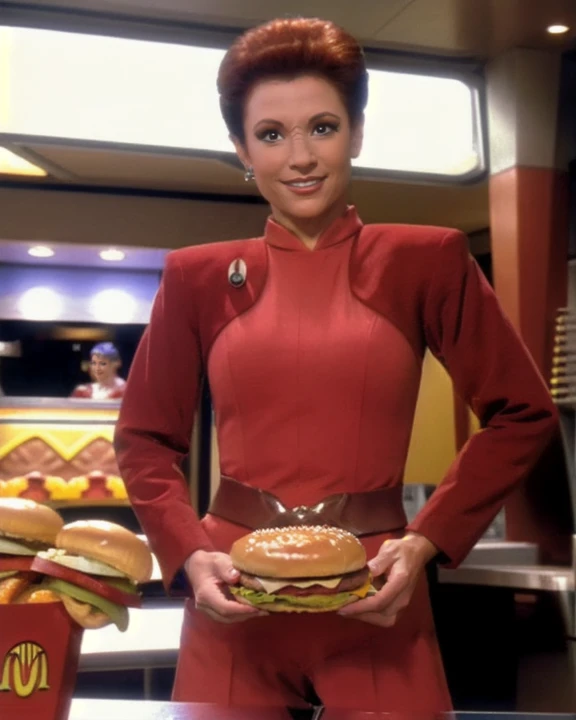 <lora:majorkira_lora:0.8>, majorkira, female, short auburn hair, ridges on nose bridge, wearing silver cuff chain earring on right ear, nana visitor, wearing red bajoran uniform, wearing bajoran brooch, (holding a cheeseburger:1.3), at mcdonald's, front view, wide shot, mcdonald's restaurant interior background
