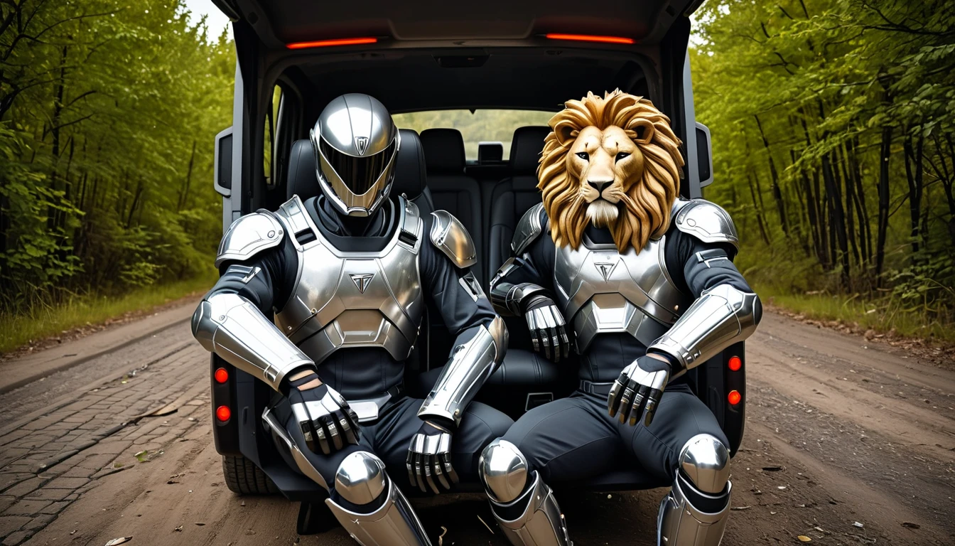 lion human breed warriors, titanium suits, leather gloves, silver ornaments, planet saturn, war time ambience, abandoned cyber truck by tesla, high resolution, 8k, ultra hd, super focus