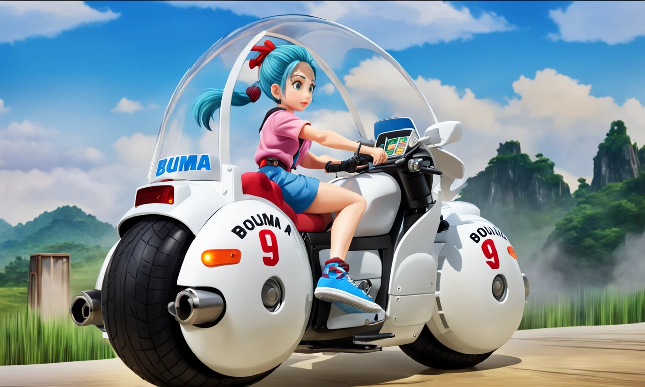 cartoon of woman riding large round motorcycle with a windshield, best quality, highly detailed, bokeh, blue hair, cool sneakers, <lora:cap9motosdxl:0.8>, beautiful landscape, cinematic lighting, photorealistic, cap9motosdxl, anime, bulma, vibrant colors,