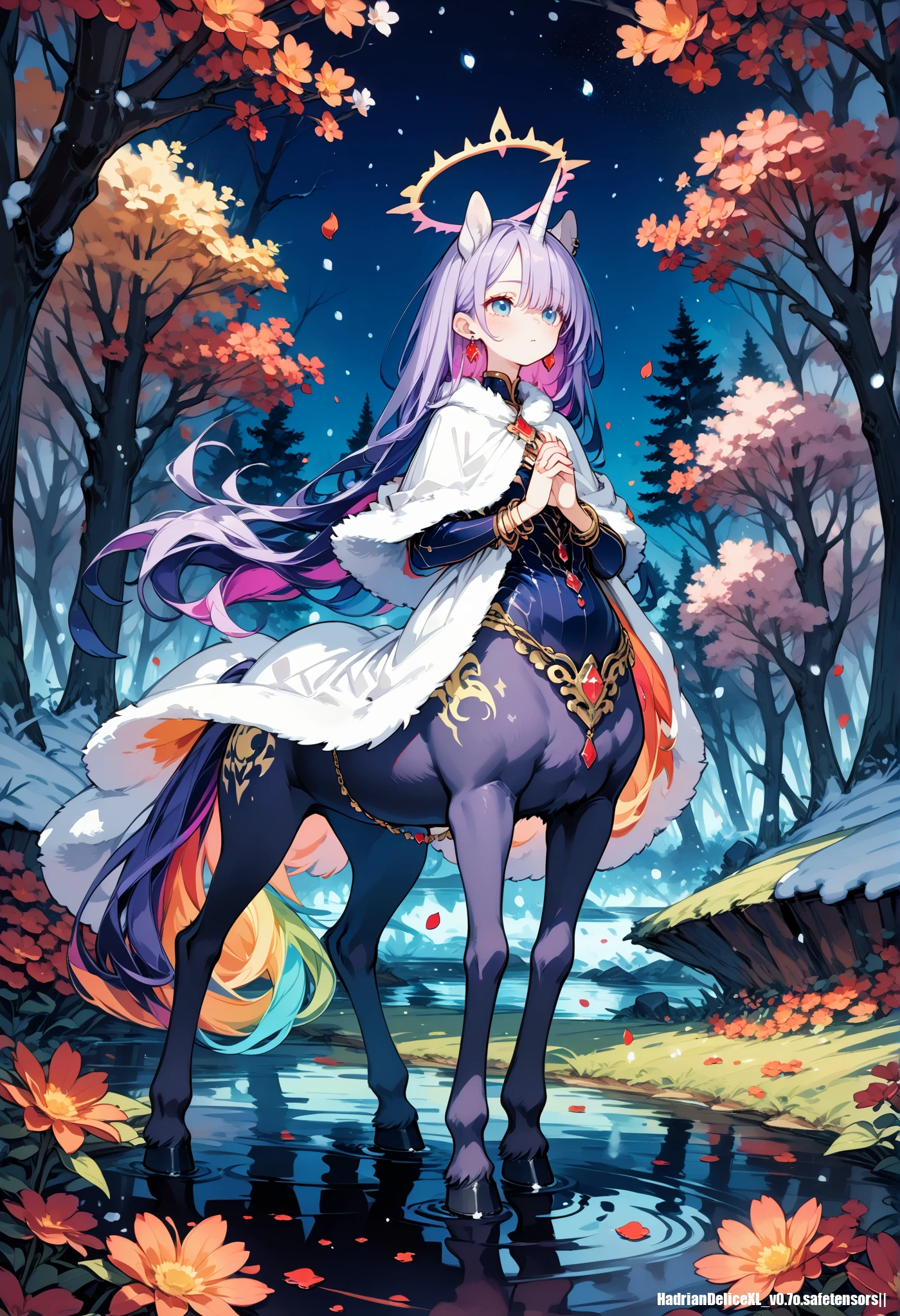 (score_10,score_9_up,score_8_up,score_7_up), hadrian, hyper colorful,rainbow gradient,hyper saturationdetailed background,((fictional character,female centaur unicorn)),expressionless, silky hair,long hair,multicolored maigcal forest,((night,lowlight,darkness)), skinny,bottomless,floating petals,flower,colored shadow,light particles, red flower,orange forest,light purple hair,(tattoo),slim,thin,white witch cape,fur cape,purple armor,druid,belly chain, earrings,bracelet,snow,river,blue eyes,long bangs,hair over face, hair behind ear,(((white) unicorn)),shirt,own hands clasped, ,halo,praying
