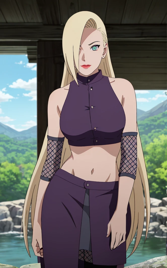 Adult_LongHair_InoYamanaka_ownwaifu,
1girl, blonde hair, hair over one eye, blue eyes, long hair, very long hair, makeup, lipstick, large breasts, red lips, earrings, groin, straight hair, toned, 
arm warmers,  bare shoulders, midriff, navel, crop top, sleeveless, purple skirt, turtleneck, fishnets, purple shirt, buttons, sleeveless turtleneck, long skirt, 
<lora:NARUTO_Kunoichi_InoYamanaka_ownwaifu:1> ,
((masterpiece)),((best quality)),(highres), bokeh, depth_of_field, day, tree shade, sunlight, scenery, rock, waterfall, looking at viewer, solo, cowboy shot,