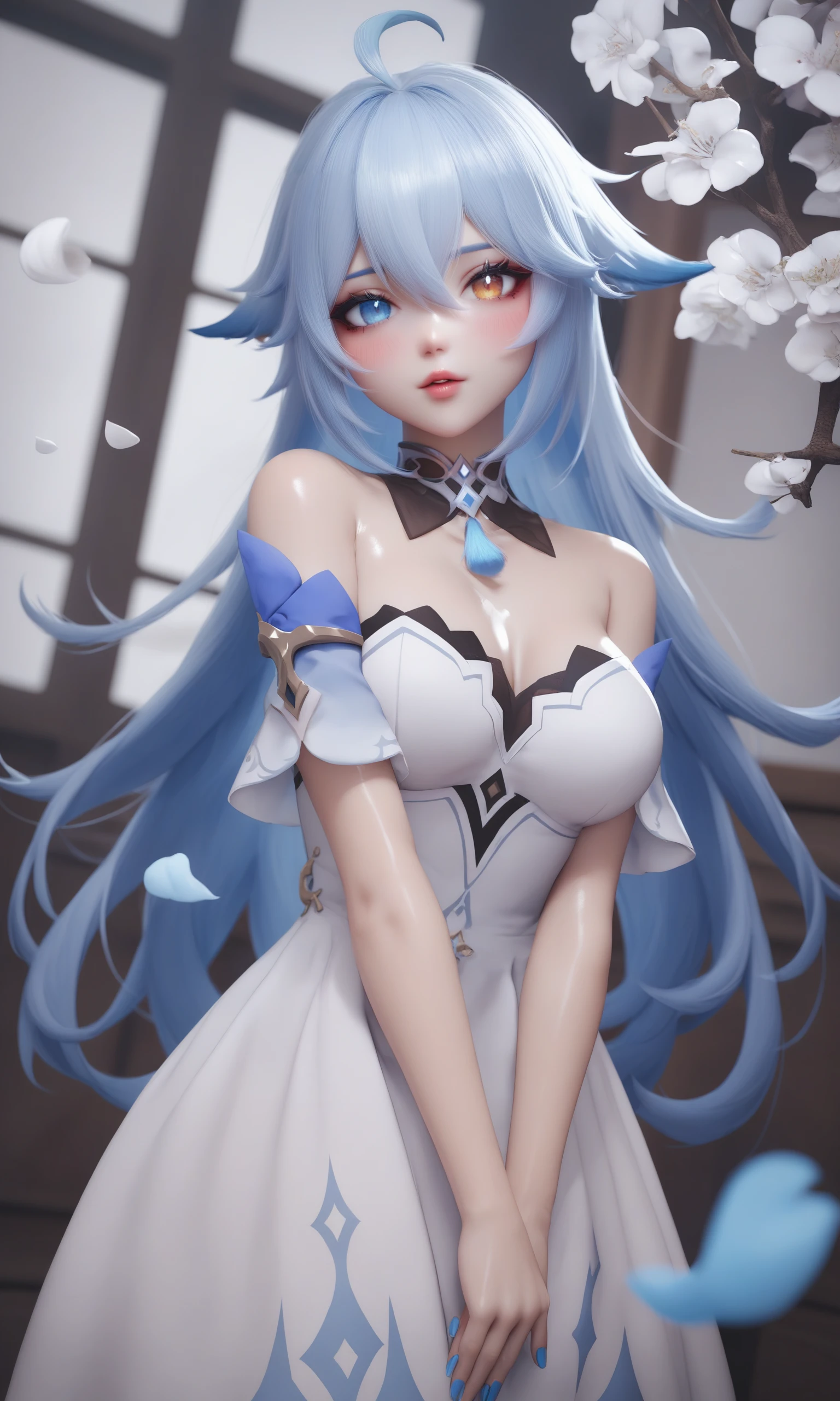 score_9,score_8_up,score_7_up,score_6_up,score_5_up,score_4_up,shiny_skin,
source_anime,furina (genshin impact),1girl,solo,blue eyes,blue hair,long hair,looking at viewer,white dress,ahoge,multicolored hair,blue nails,upper body,bare shoulders,dress,parted lips,flower,holding,white hair,heterochromia,detached sleeves,mismatched pupils,light blue hair,nail polish,petals,blush,hair between eyes,streaked hair,breasts,strapless dress,branch,strapless,