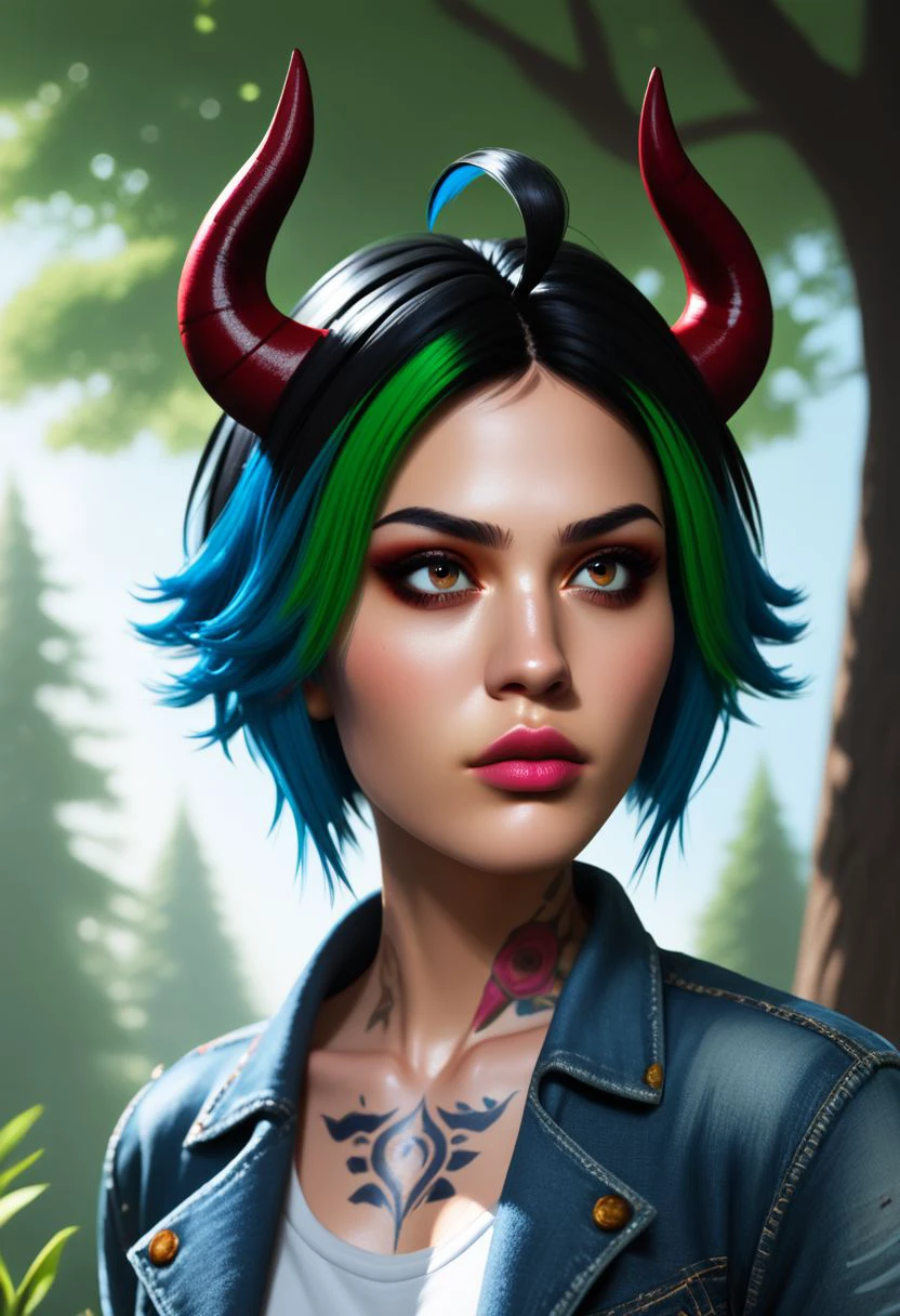 vpzdxizz, 1girl, solo, short hair, ahoge, tree, multicolored hair, realistic, blue hair, dyed bangs, green hair, makeup, natural lighting, outdoors, lips, upper body, shirt, denim jacket, neck tattoo, horns, sky, day, two-tone hair, black hair, PonyXLV6_Scores zPDXL