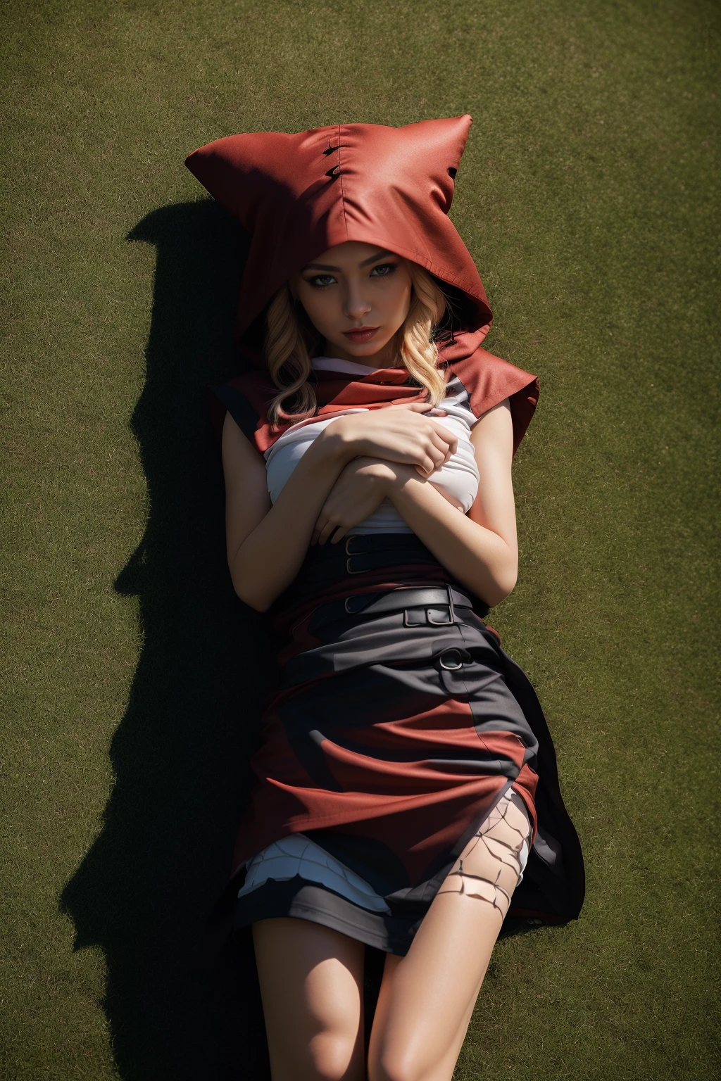 raw photo,cinematic shot,realistic,professional photography,chaperomon,1girl,solo,red hood,dress,blonde hair over eyes,stitches,full body,laying,on back,laying on ground,grass,from above,:3, <lora:Chaperomon15v3:1>, sfw, masterpiece, best quality,absurderes