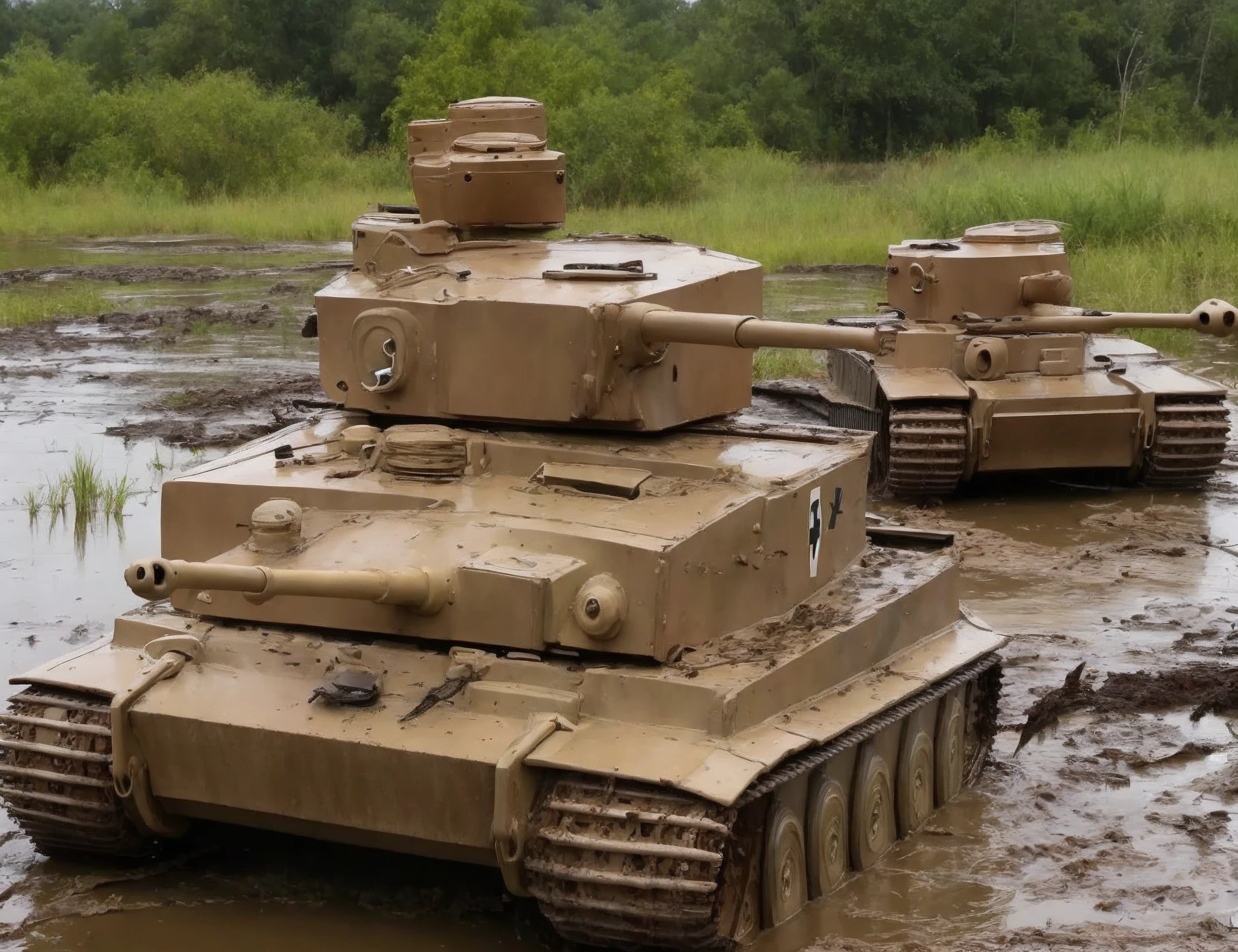tiger tank,,tiger tank,in the swamp,mud,partially submerged,rain,thousands of frogs,<lora:tiger tank:0.8>,