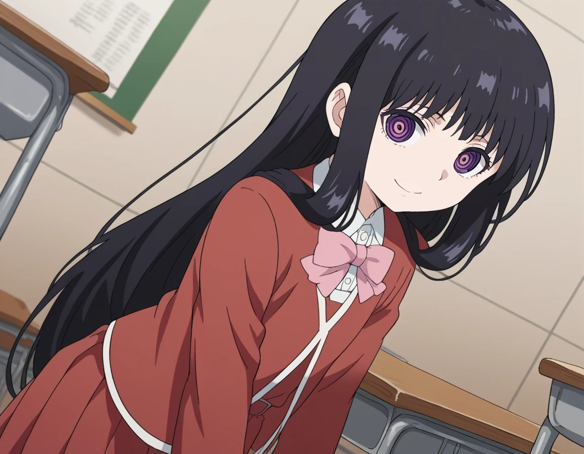 score_9, score_8_up, score_7_up, source_anime,
otoadashino, <lora:oto-adashino-s1-ponyxl-lora-nochekaiser:1>,
oto adashino, long hair,  bangs, black hair, very long hair, purple eyes, ringed eyes,
skirt, shirt, long sleeves, bow, school uniform, jacket, white shirt, bowtie, red skirt, pink bow, red jacket, pink bowtie,
indoors, classroom, bent over, smile,
looking at viewer, cowboy shot, solo, dutch angle,