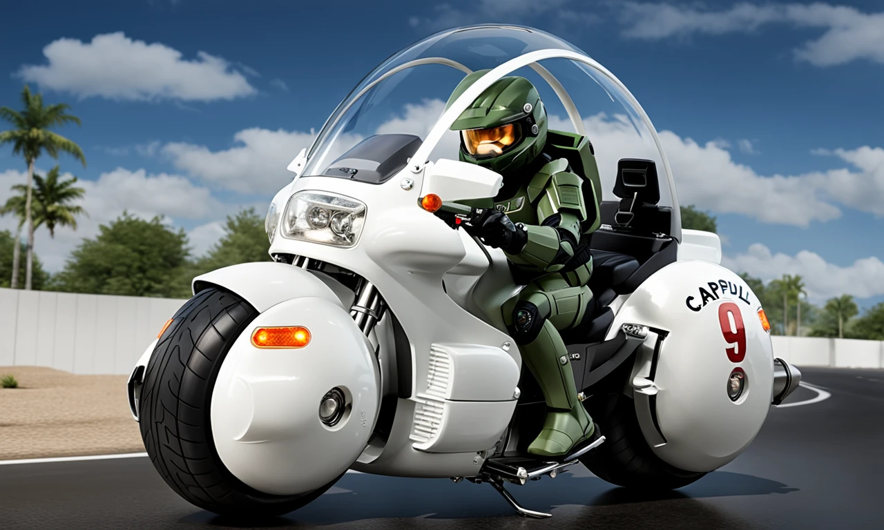 master chief driving large round motorcycle with a windshield, spherical, best quality, highly detailed, bokeh, <lora:cap9motosdxl:0.8>, black simple background, text "Capsule 9"