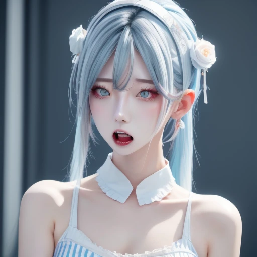 mascara, shiny, fingernails, white hairband, blush, striped shirt, long legs, lingerie, pale skin, scar on face, hair ornament, streaked hair, grey background, white ribbon, collar, midriff, ponytail, close-up, light particles, arms at sides, messy hair, blue background, door, bare legs, headband, straight hair, portrait, bangs, upper teeth, heterochromia, fangs, hair ribbon, white flower, silver hair, rose, eyebrows behind hair, nail polish, striped tank top, hand between legs, frills, neck, day, facial mark, sleeveless dress, hair over shoulder, see-through, v arms, sundress, blood on face, lace, tassel earrings, light, white hair, looking at viewer, black bra, 1girl, shirt, crown braid, shadow, miniskirt, hair rings, armpit crease, hairclip, aqua hair, grey hair, gradient background, flower earrings, sideways glance, dress, face, open mouth, blue hair, collarbone, profile, closed mouth, earrings, teeth, strapless, solo, nose, ribbon, alternate costume, black hairband, spaghetti strap, hairband, eyebrows visible through hair, depth of field, collared shirt, window