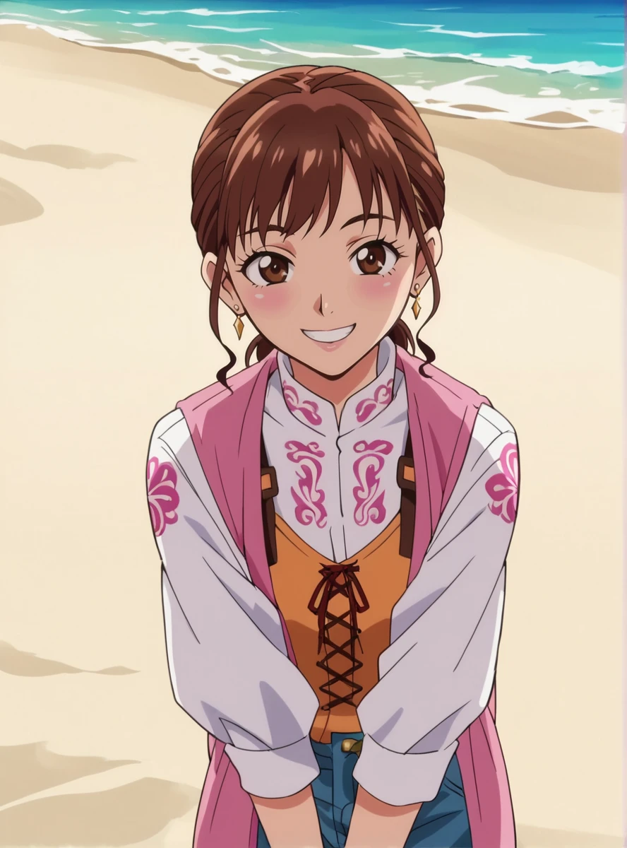 score_9, score_8_up, score_7_up, score_6_up, score_5_up, score_4_up , BREAK source_anime, ,anime screencap,anime_coloring,anime_lineart, <lora:AsunaPink:0.8>asunapink, brown eyes, jewelry, earrings ,pink_bikini,beach background, smile,sunset