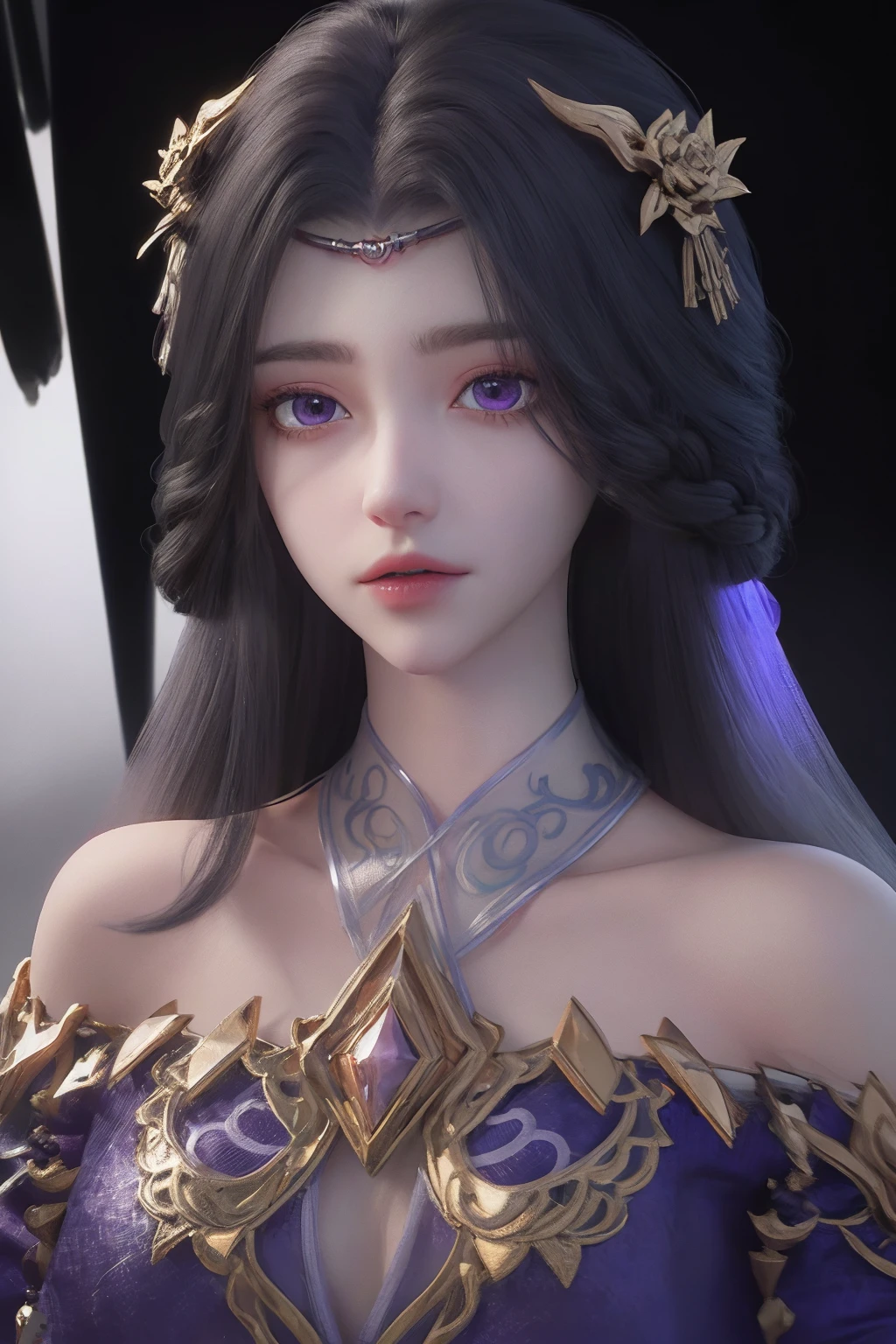 breathtaking <lora:SNyunxi:0.9>,yunxi,1girl,solo,purple eyes,jewelry,black hair,(white background:1.3),looking at viewer,Solid gold hair accessories,Gold flower headdress,hair ornament,long hair,bare shoulders,simple background,dress,braid,upper body,lips,portrait,see-through,(child:1.1),(underage:1.5),diamond \(gemstone\), . award-winning, professional, highly detailed, best quality , masterpiece, illustration, an extremely delicate and beautiful, extremely detailed ,CG,unity,8k wallpaper, Amazing, finely detail, masterpiece, best quality,official art,extremely detailed CG unity 8k wallpaper,absurdres, incredibly absurdres, huge filesize , ultra-detailed, highres, extremely detailed,beautiful detailed girl, extremely detailed eyes and face, beautiful detailed eyes,light on face,