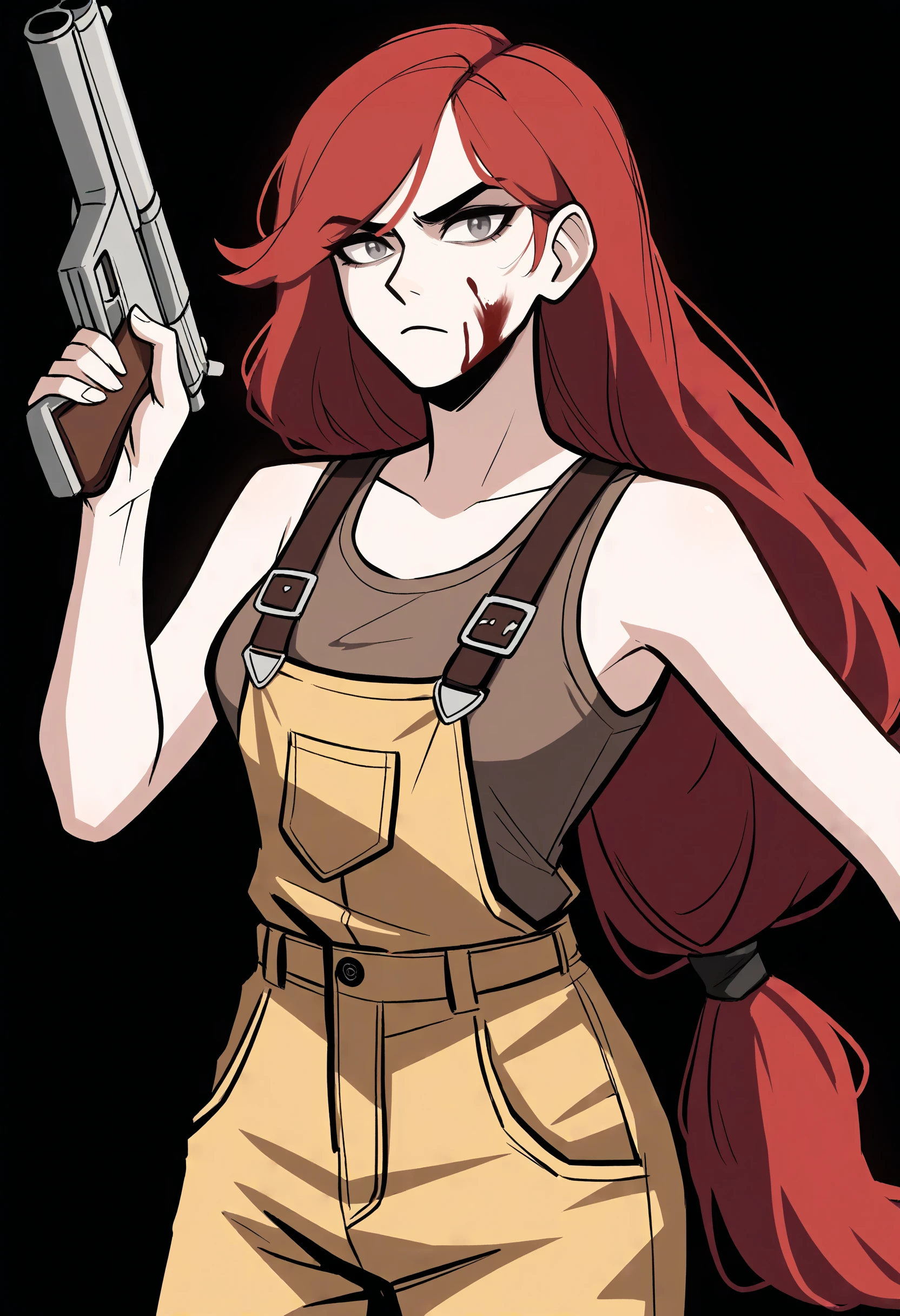 score_9, score_8_up, score_7_up, score_6_up, score_5_up, score_4_up,
BREAK
1girl, abella funger, red hair, grey eyes, low-tied long hair, long hair, hair ribbon, tied hair, swept bangs, serious, blood on face,
BREAK
solo, standing, yellow overalls, brown tank top, holding shotgun,
BREAK
black background, simple background, dynamic pose, dark, <lora:Lunas-Abella-Funger-SDXL-A1:1> <lora:Lunas-Roresu-SDXL-A1:1>