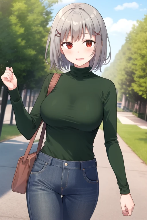 ((masterpiece)),(best quality),official art,extremely delicate and beautiful,extremely detailed CG,unity 8k wallpaper,ultra detailed,beautiful detailed eyes,extremely detailed face,outdoors,1girl,solo,cowboy shot,looking at viewer,facing viewer,smile,grey hair,medium hair,x hair ornament,hairclip,bangs,red eyes,green turtleneck,green shirt,long sleeves,large breasts,underbust,jeans,loafers,<lora:Girl(girl who is afraid of heat):0.8>,