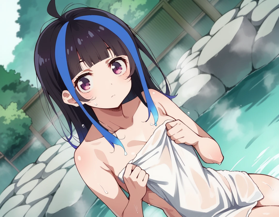 score_9, score_8_up, score_7_up, source_anime,
miniyaemori, <lora:mini-yaemori-s1-ponyxl-lora-nochekaiser:1>,
mini yaemori, long hair, bangs, black hair, blue hair, purple eyes, multicolored hair, blunt bangs, streaked hair, ahoge,
nude, naked,
outdoors, onsen, towel, naked towel, steam, bathing, nude cover, partially submerged, water, bath, steam censor, wet towel,
looking at viewer, cowboy shot, solo, dutch angle,