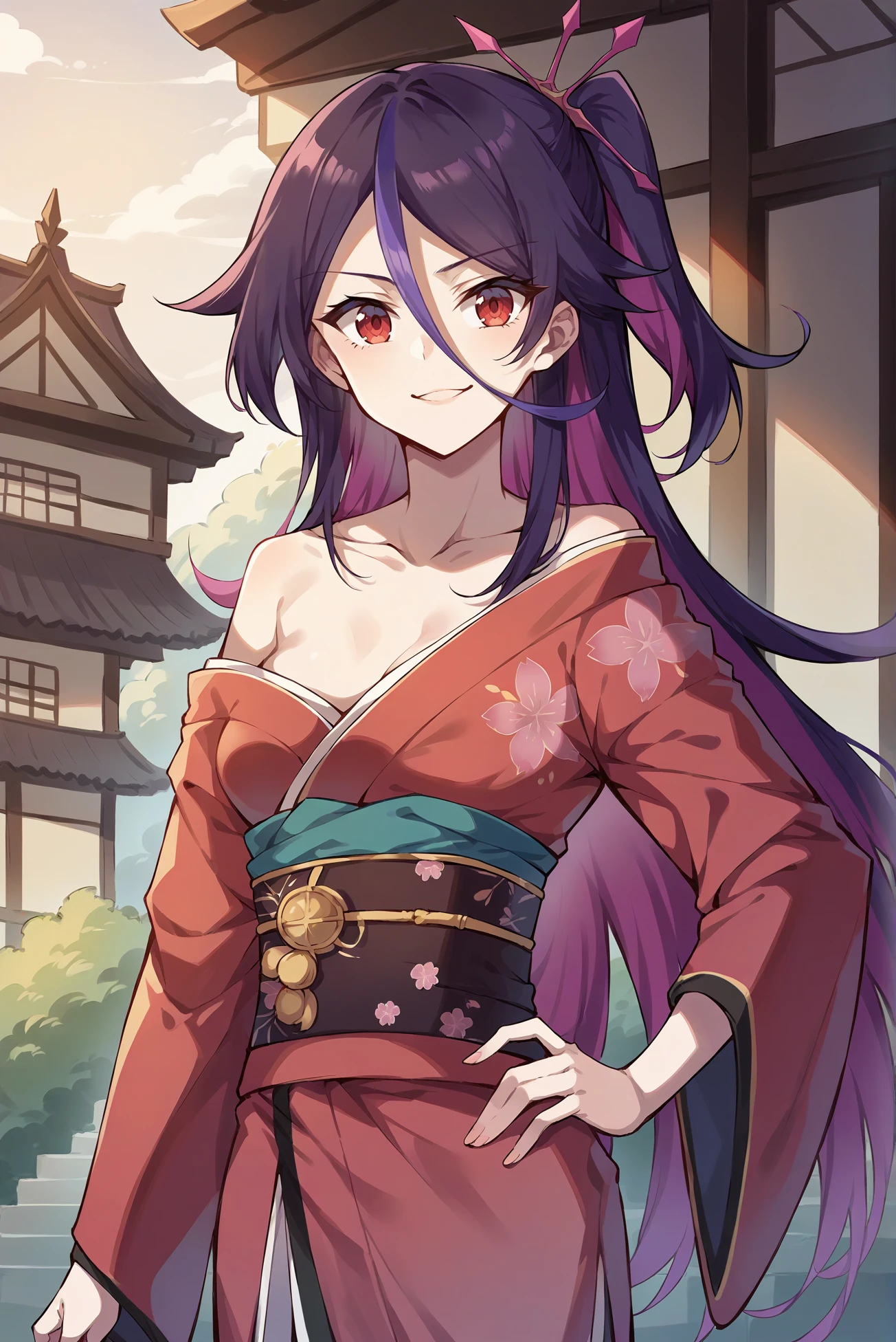 score_9,score_8_up,score_7_up,score_6_up, source anime, 1girl, slender, solo, houraiji gakuen, <lora:HouraijiXL_V1:0.8>, (smirk, red eyes), (colored inner hair, purple hair, two tone hair, streaked hair, very long hair, medium breasts, hair ornament, parted bangs, hair between eyes, one side up), (red kimono with floral print, off shoulder, collarbone, sash, obi:1.4), (looking at viewer, cowboy shot, standing, hand on hip:1.2), outdoors, japanese town