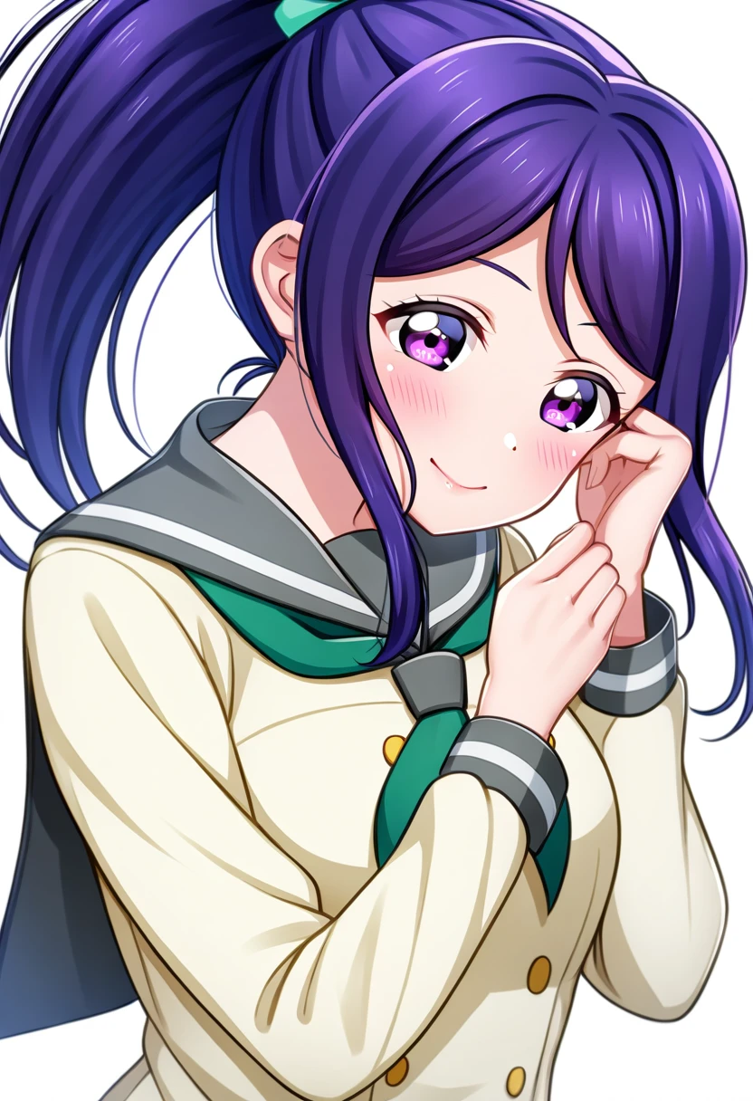 v-mag, 1girl, love live matsuura kanan, purple eyes, ponytail, green neckerchief, upper body, uranohoshi school uniform, simple white background