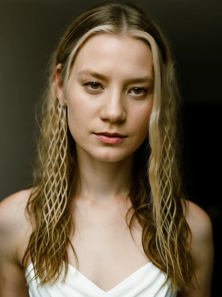 Realistic photo of a beautiful m14w4s woman,1girl, solo, long hair, (((blonde hair))), dress, brown eyes, jewelry, pantyhose, earrings, white dress, lips, own hands together, realistic, professional Photography, Photorealistic, detailed, RAW, analog, sharp focus, 8k, HD, DSLR, high quality, Fujifilm XT3, film grain, award winning, masterpiece<lora:m14w4s:1.0>
