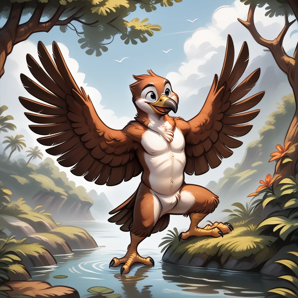 solo, full body, anthro, avian, bird, winged arms, smile, beak, toony, detailed background, outside, water, plant, tree, digital media (artwork), <lora:kb0g_1.0Pony:1> <lora:Pony_QualityV4.0:1>