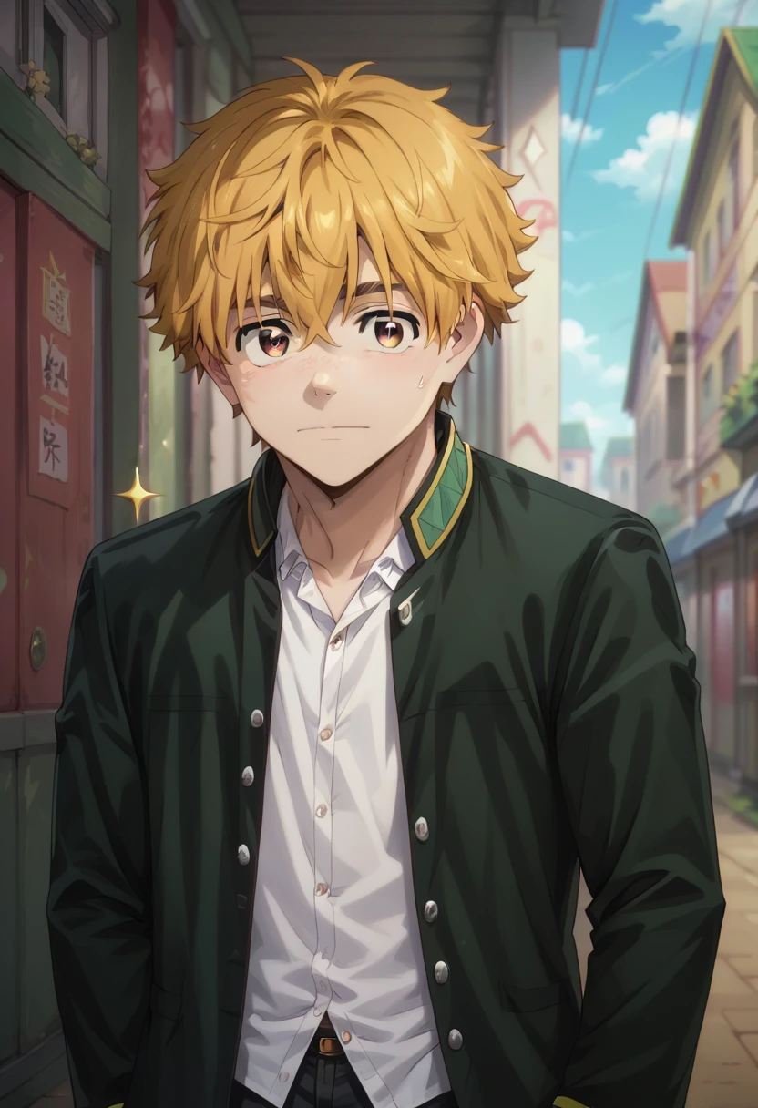 score_9, score_8_up, score_7_up, masterpiece, best quality, cute, male focus,BROWN HAIR, SOLO, BLONDE HAIR, SCHOOL UNIFORM, SOLO, SPARKLE, AKIHIKO NIREI, BLONDE HAIR, BROWN EYES<lora:EMS-362965-EMS:1.000000>