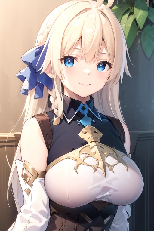 ((masterpiece)),(best quality),official art,extremely delicate and beautiful,extremely detailed CG,unity 8k wallpaper,ultra detailed,beautiful detailed eyes,extremely detailed face,outdoors,1girl,solo,upper body,(portrait:1.5),looking at viewer,facing viewer,smile,Lafilia Merck,ahoge,very long hair,blond hair,hair ribbon,blue ribbon,single braid,hair bow,blue bow,hair intakes,floating hair,sidelocks,hair between eyes,bangs,blue eyes,white shirt,short dress,white dress,sleeveless dress,detached sleeves,fingerless gloves,huge breasts,underbust,zettai ryouiki,thigh boots,white footwear,<lora:Lafilia Merck-v1>,
