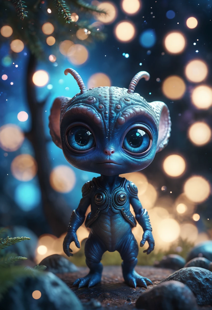 portrait of macro little alien creature with big cute eyes, galaxy background, tree on the planet, shotting stars, dynamic angle, intricate details, film grain, accent lighting, soft volumetric light, shallow depth of field, cinemagraph,