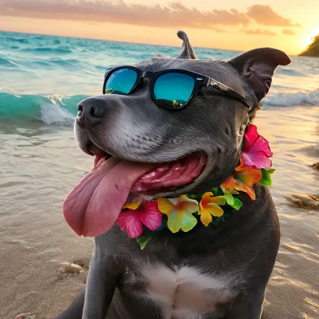 High Resolution side view photo of a happy Gray Pitbull Dog with his tongue hanging out, sitting on a beach near turquoise blue waves, wearing black wayfarer Rayban sunglasses, large red hibiscus flowery lei around neck, Skin Textures, (epic sunset:1.2) in the background, insane details, Cinematic, award winning photography <lora:Gray Pitbull Dog:1> <lora:add-detail-xl:1> <lora:iris-xl:0.4>