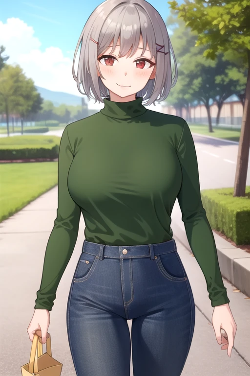 ((masterpiece)),(best quality),official art,extremely delicate and beautiful,extremely detailed CG,unity 8k wallpaper,ultra detailed,beautiful detailed eyes,extremely detailed face,outdoors,1girl,solo,cowboy shot,looking at viewer,facing viewer,smile,grey hair,medium hair,x hair ornament,hairclip,bangs,red eyes,green turtleneck,green shirt,long sleeves,large breasts,underbust,jeans,loafers,<lora:Girl(girl who is afraid of heat):0.8>,