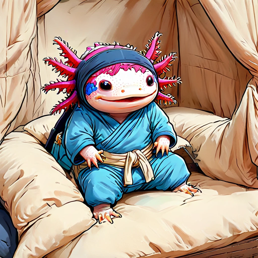(simple colored cartoon lineart:1.5), 2d, <lora:axomodel2:1> axomodel2, Axolotl wearing a ninja outfit in a pillow fort, attempting to sneak but knocking over the fort instead