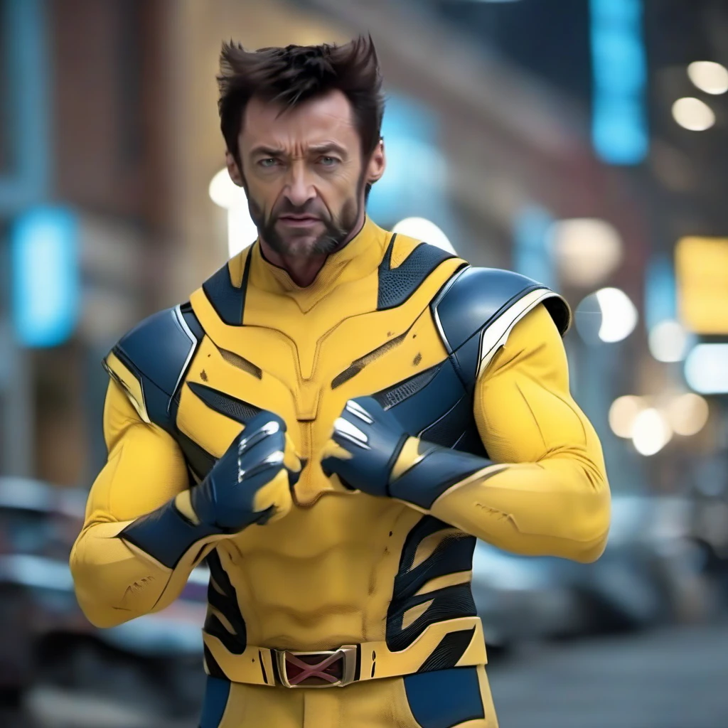 cinematic photo full body Hugh Jackman in a yellow and blue bodysuit, wolverine claws, fight poses, night city lights background <lora:Wolverine2024-1024:0.9> . 35mm photograph, film, bokeh, professional, 4k, highly detailed