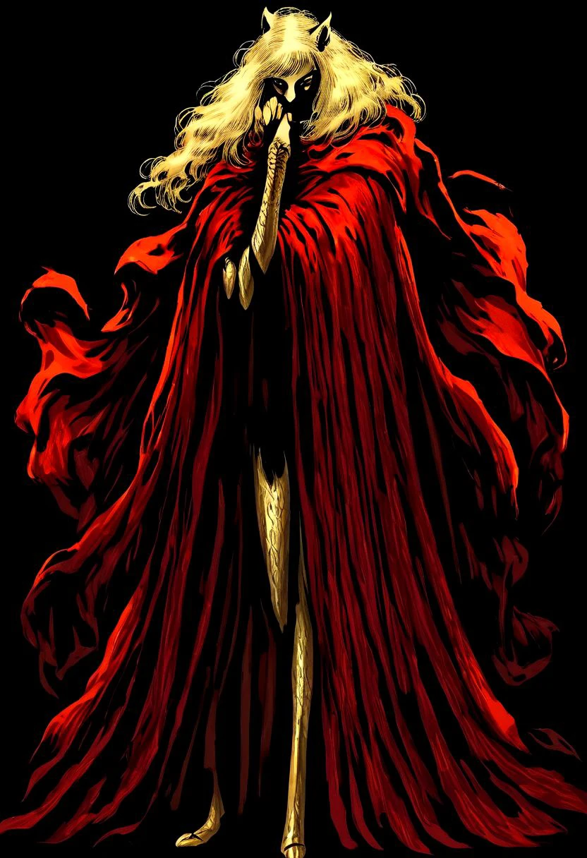 wizardry, illustration, beautiful Female Dryard, long golden hair,  silver kneeguards, magic boots, long ears, slender long legs, black background, mysterious, mythical,  red robe yellow cloth, cape, creature, werepanther, golden fur,